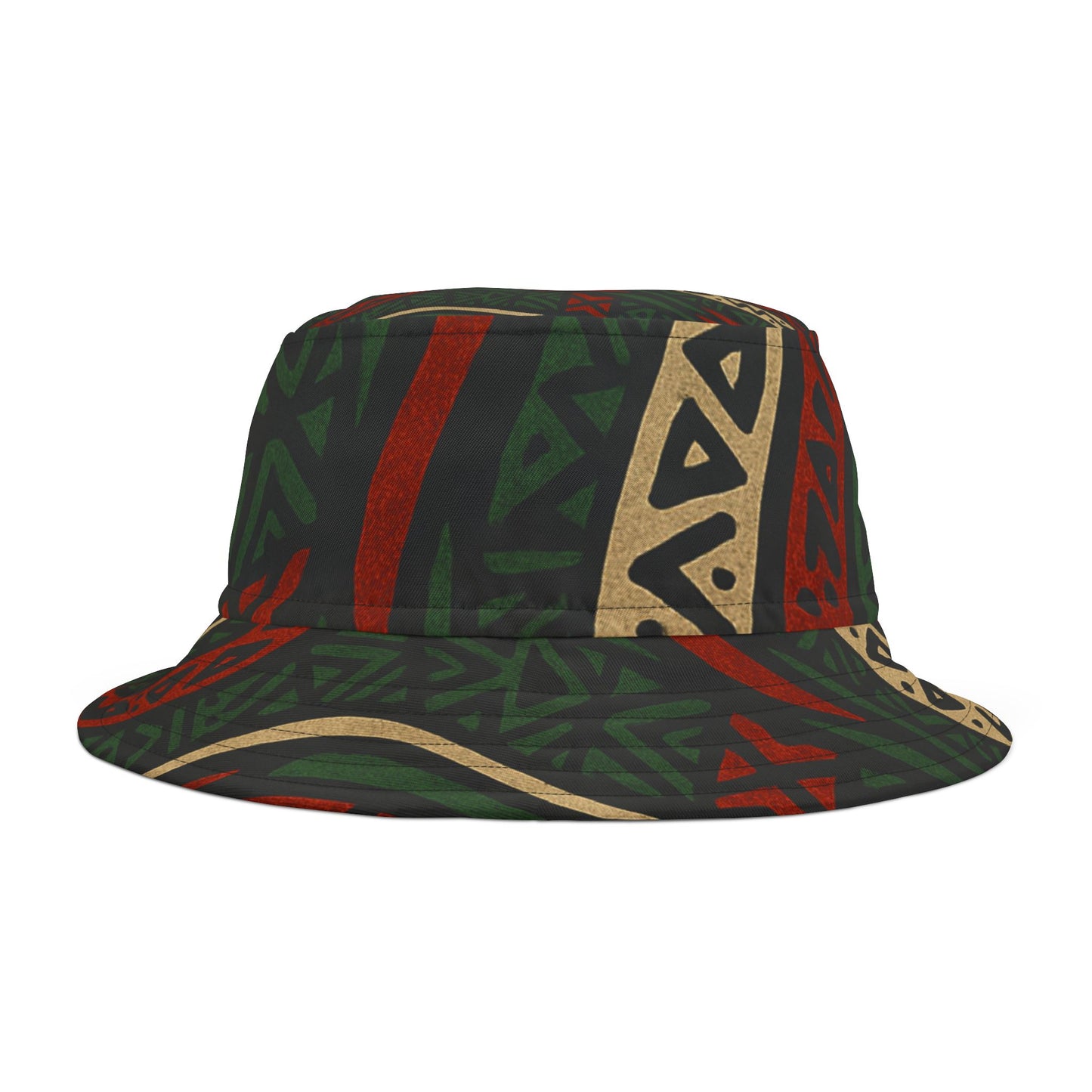 Side view of ATCQ Bucket Hat featuring bold geometric patterns in earthy tones. Lightweight polyester design perfect for vacation and outdoor fun.