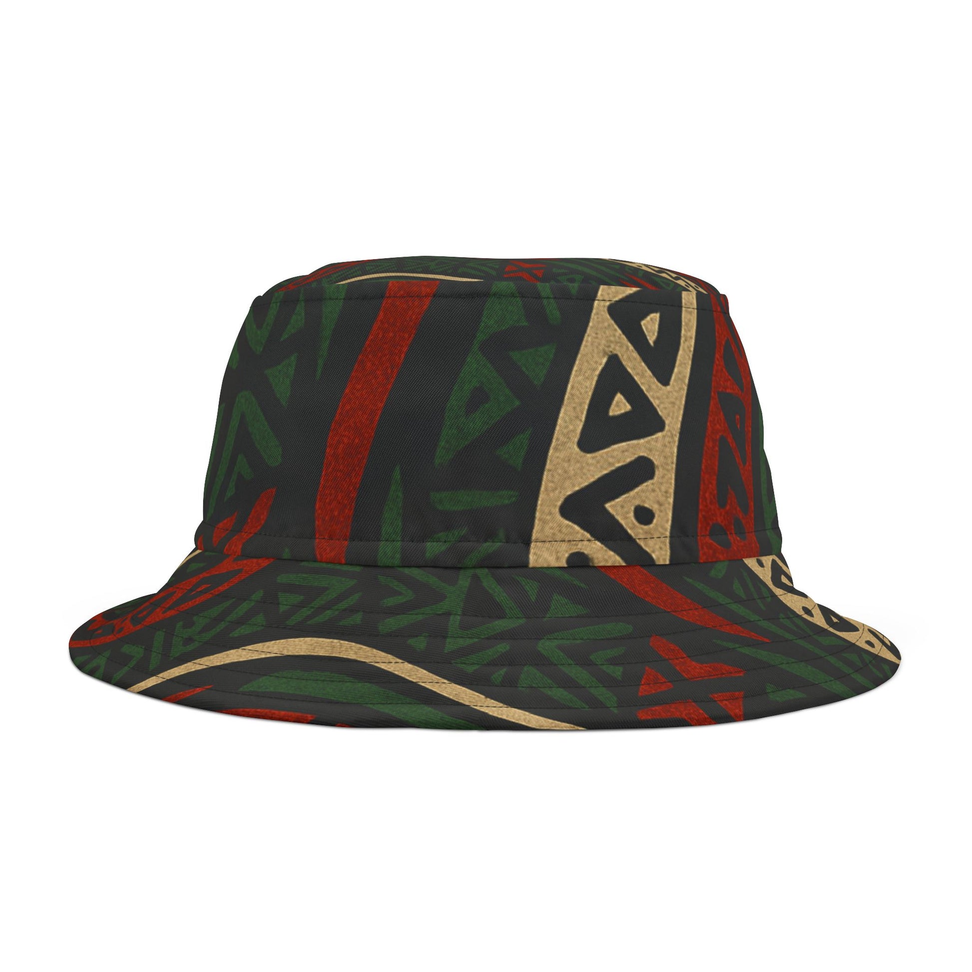 Side view of ATCQ Bucket Hat featuring bold geometric patterns in earthy tones. Lightweight polyester design perfect for vacation and outdoor fun.
