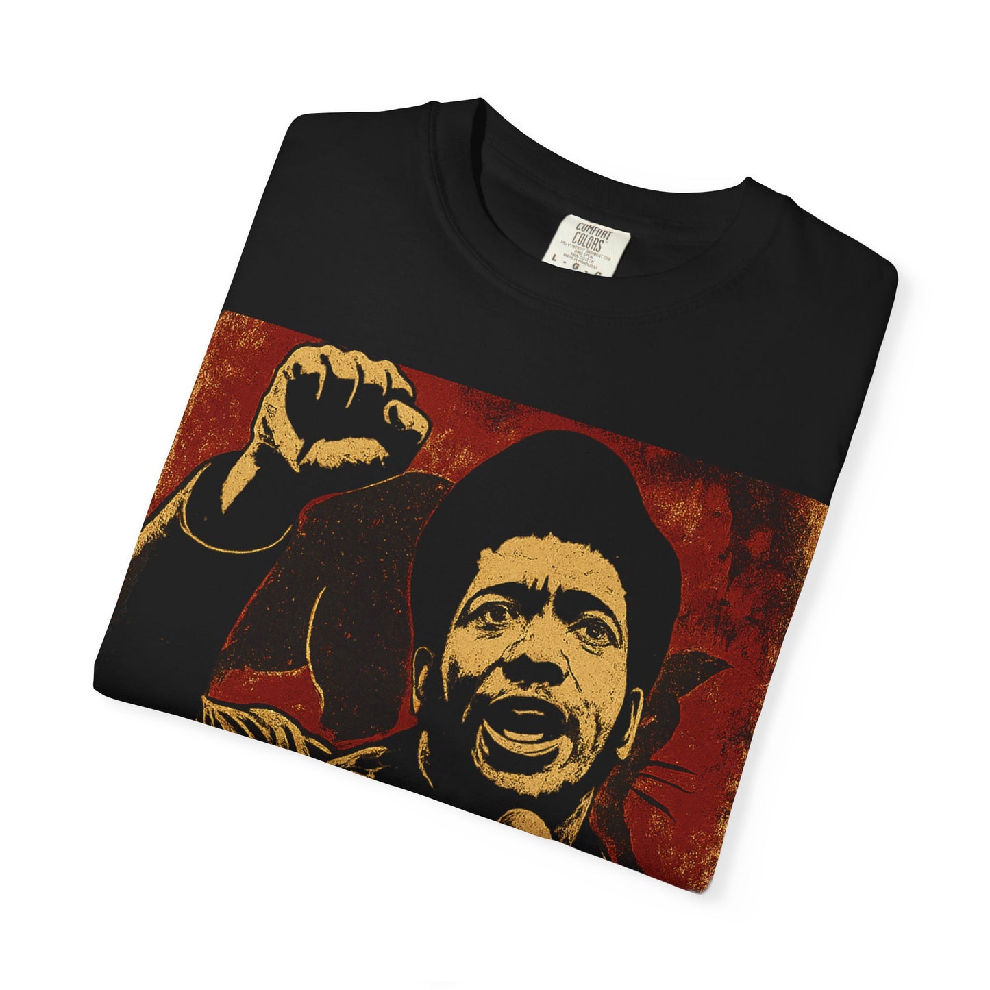 Folded Fred Hampton Tee in black with bold activist print and quote, crafted from soft, durable fabric for expressive and inspirational fashion.