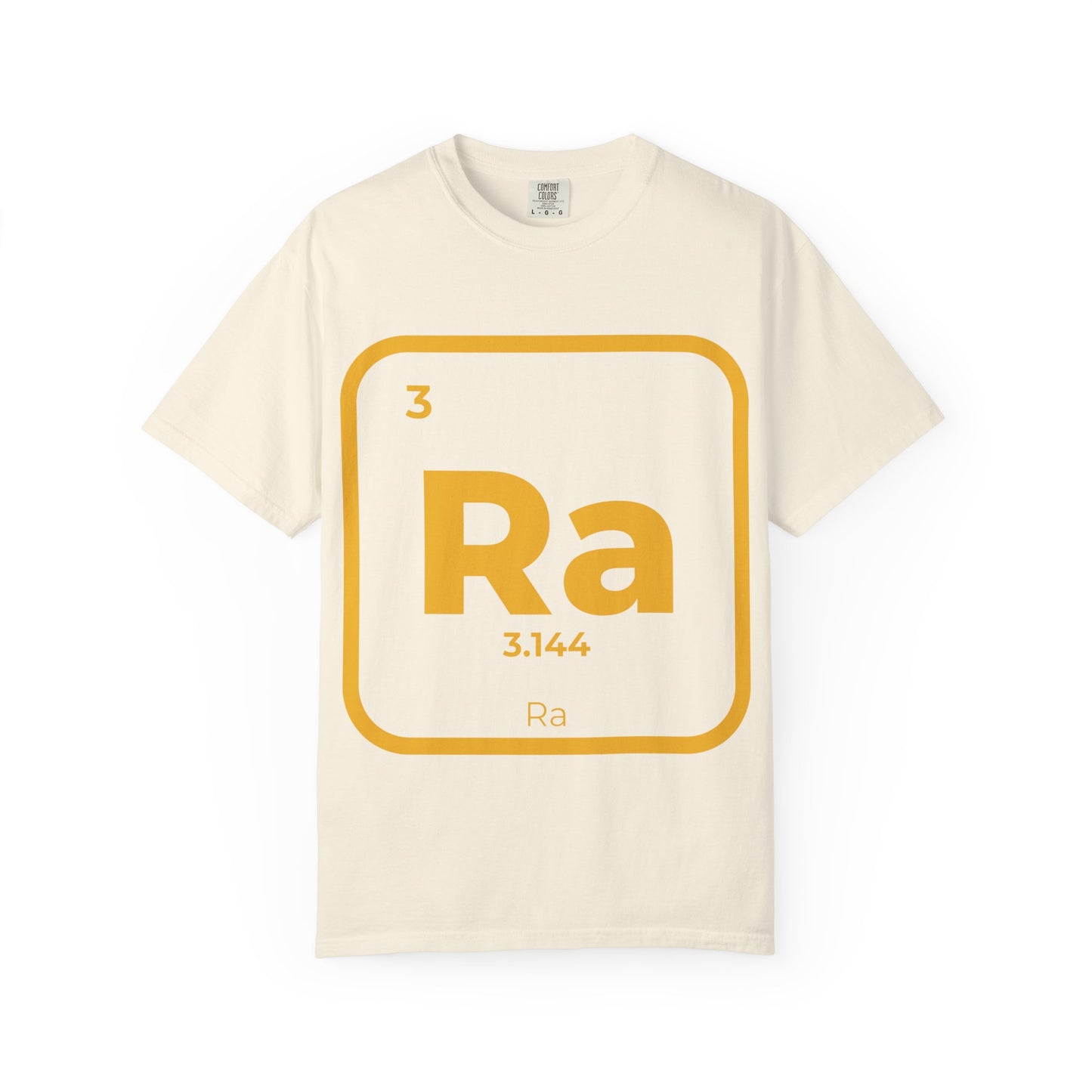 Natural cream Ra Element T-Shirt with vibrant yellow graphic inspired by sacred Neteru. Soft cotton tee perfect for vintage style outfits.