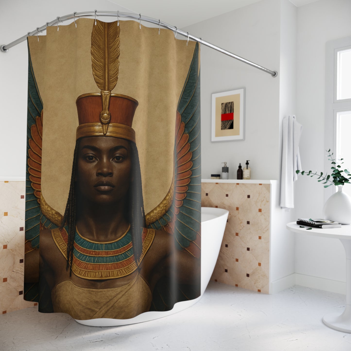 Elegant Ma'at Shower Curtain displayed in a chic bathtub setup, perfect for bohemian or ethnic-inspired home bathroom decor.