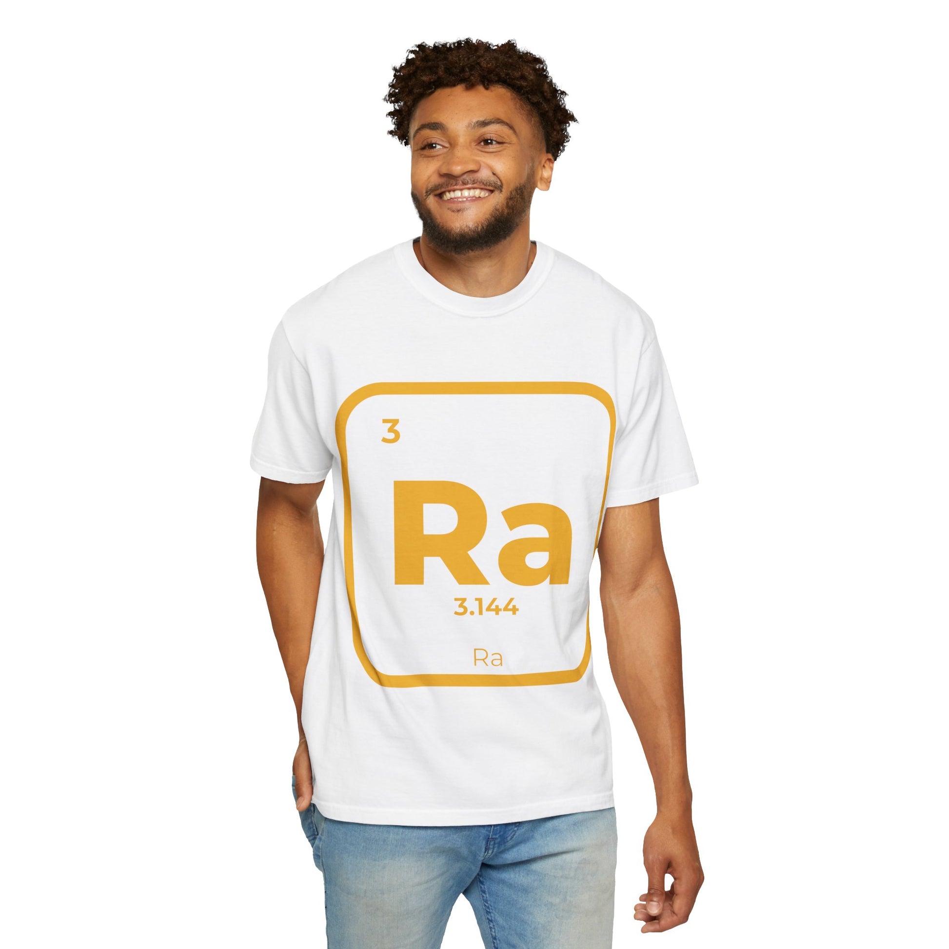 Model wearing white Ra Element T-Shirt with bold yellow Kemetic symbol. Unisex cotton tee styled for casual and summer festival looks.